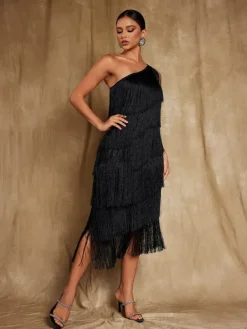 Dresses|Midi Dresses*Mew Mews Fashion Stiorra One Shoulder Fringe Midi Dress