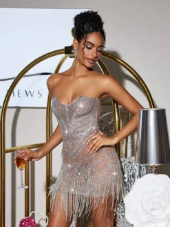 Embellishment|Dresses*Embellishment Stragaz Strapless Crystal Chain Fringe Mini Dress