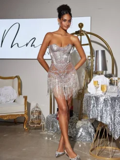 Embellishment|Dresses*Embellishment Stragaz Strapless Crystal Chain Fringe Mini Dress
