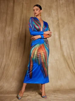 Dresses|Midi Dresses*Mew Mews Fashion Suzanne V Neck Printed Satin Midi Dress