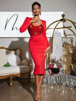 Dresses|Midi Dresses*Mew Mews Fashion Sweetie Long Sleeve Sequin Midi Dress In Red