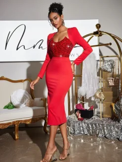 Dresses|Midi Dresses*Mew Mews Fashion Sweetie Long Sleeve Sequin Midi Dress In Red