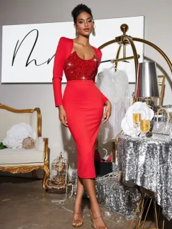 Dresses|Midi Dresses*Mew Mews Fashion Sweetie Long Sleeve Sequin Midi Dress In Red