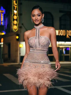 Dresses|Mini Dresses*Lu Yili Tamisha Halterneck Rhinestone Feather Mini Dress