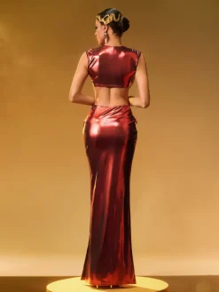 Sets & Co-ords*Mew Mews Fashion Taralynn Ruffle Ruched Metallic Skirt Set In Red