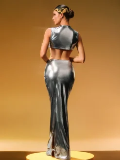 Sets & Co-ords*Mew Mews Fashion Taralynn Ruffle Ruched Metallic Skirt Set In Silver