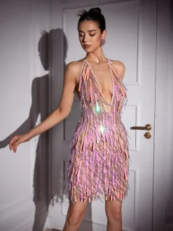 Embellishment|Dresses*Embellishment Taryn V Neck Crystal Chain Fringe Mini Dress