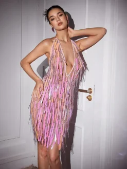 Embellishment|Dresses*Embellishment Taryn V Neck Crystal Chain Fringe Mini Dress