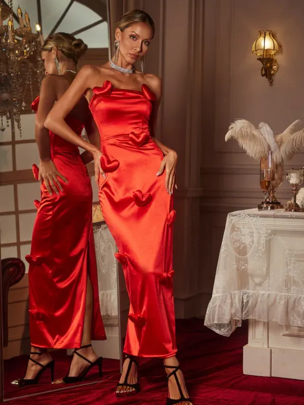 Dresses|Maxi Dresses*Mew Mews Fashion Taton Strapless Heart Satin Maxi Dress