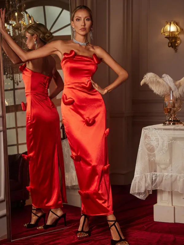 Dresses|Maxi Dresses*Mew Mews Fashion Taton Strapless Heart Satin Maxi Dress