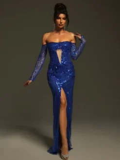 Embellishment|Dresses*Lu Yili Tavorian Off Shoulder Sequin Split Maxi Dress