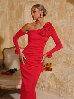 Dresses|Midi Dresses*Mew Mews Fashion Taylin One Shoulder Flower Ruched Midi Dress