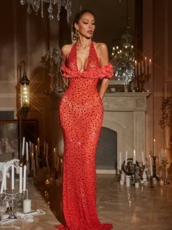 Embellishment|Dresses*Embellishment Terance Halterneck Flower Rhinestone Maxi Dress In Red