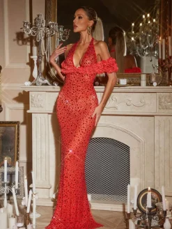 Embellishment|Dresses*Embellishment Terance Halterneck Flower Rhinestone Maxi Dress In Red