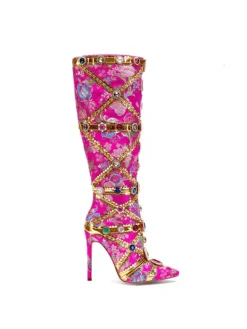 Shoes*Mew Mews Fashion Tesni Floral Printed Rhinestone Boots