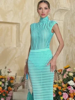 Sets & Co-ords*Mew Mews Fashion Thalvix High Neck Stripe Skirt Set In Mint