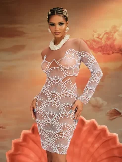 Embellishment|Dresses*Embellishment Theobald Long Sleeve Pearl Mesh Mini Dress