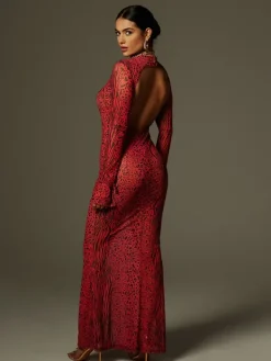 Dresses|Maxi Dresses*Mew Mews Fashion Theophilus Long Sleeve Backless Leopard Maxi Dress