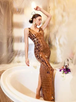 Embellishment|Dresses*Embellishment Thiago V Neck Acrylic Mesh Maxi Dress