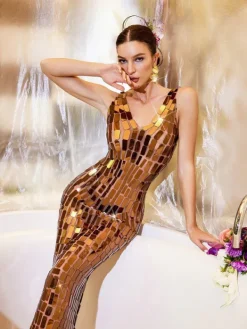 Embellishment|Dresses*Embellishment Thiago V Neck Acrylic Mesh Maxi Dress