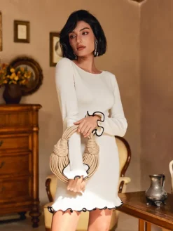 Dresses|Mini Dresses*Mew Mews Fashion Tionne Long Sleeve Ruffle Knitted Mini Dress In White