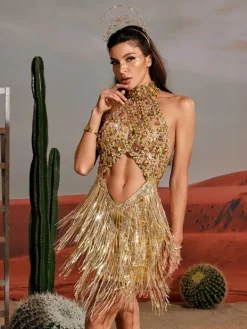 Embellishment|Dresses*Embellishment Tobin Sequin Fringe Metallic Dress In Gold
