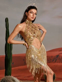 Embellishment|Dresses*Embellishment Tobin Sequin Fringe Metallic Dress In Gold