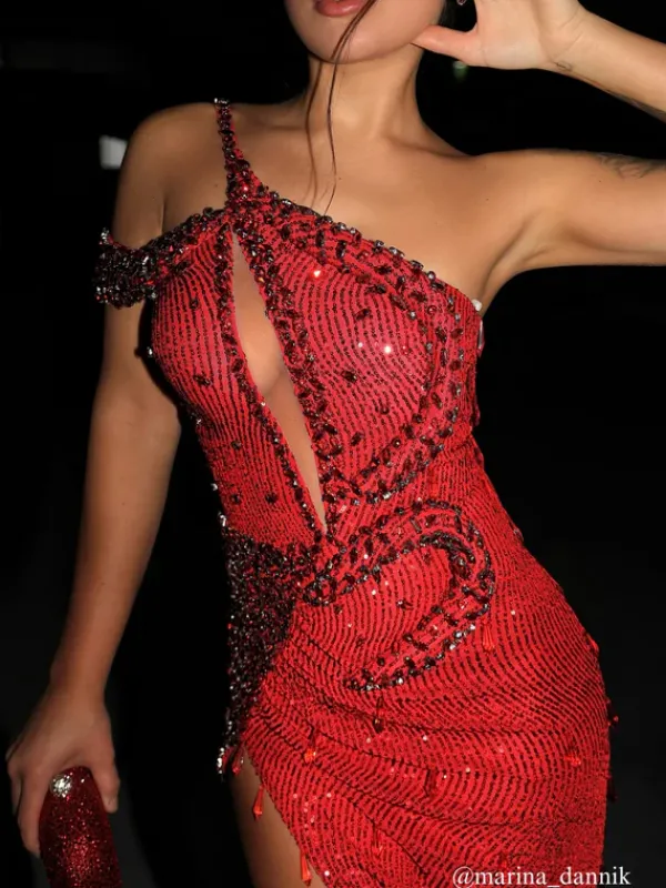 Embellishment|Dresses*Lu Yili Tonantzin One Shoulder Sequin Split Maxi Dress