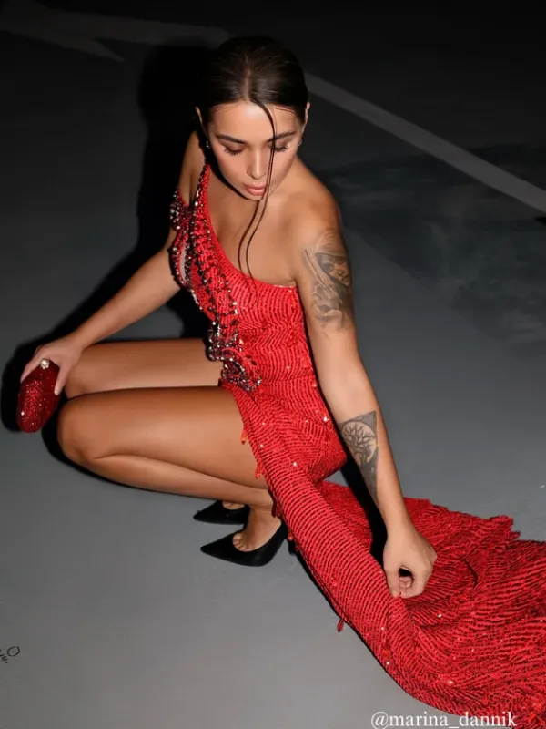 Embellishment|Dresses*Lu Yili Tonantzin One Shoulder Sequin Split Maxi Dress