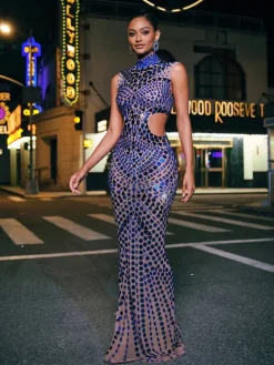 Embellishment|Dresses*Embellishment Tonica High Neck Rhinestone Acrylic Maxi Dress