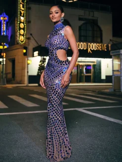 Embellishment|Dresses*Embellishment Tonica High Neck Rhinestone Acrylic Maxi Dress