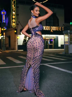 Embellishment|Dresses*Embellishment Tonica High Neck Rhinestone Acrylic Maxi Dress