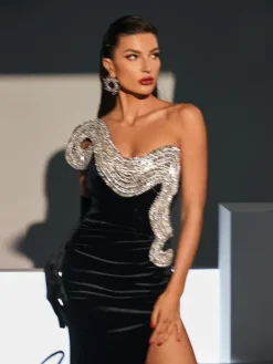 Embellishment|Dresses*Lu Yili Torin Strapless Wave Crystal Velvet Maxi Dress