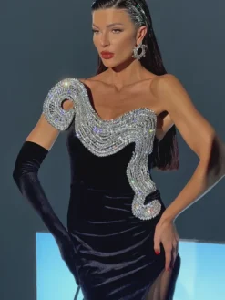 Embellishment|Dresses*Lu Yili Torin Strapless Wave Crystal Velvet Maxi Dress