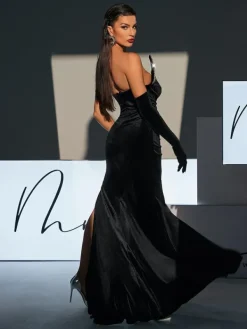 Embellishment|Dresses*Lu Yili Torin Strapless Wave Crystal Velvet Maxi Dress