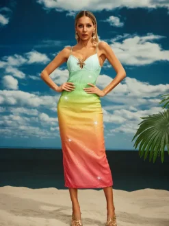 Dresses|Midi Dresses*Mew Mews Fashion Tova Starfish Sequin Midi Dress In Rainbow