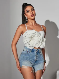 Tops*Mew Mews Fashion Trevion Spaghetti Flower Rhinestone Top