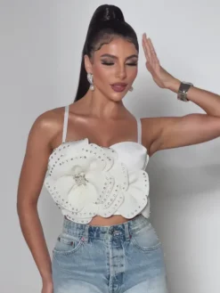 Tops*Mew Mews Fashion Trevion Spaghetti Flower Rhinestone Top
