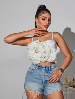 Tops*Mew Mews Fashion Trevion Spaghetti Flower Rhinestone Top