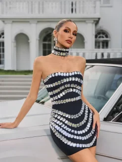 Dresses|Mini Dresses*Bandage Vaelith Strapless Crystal Mini Dress With Choker