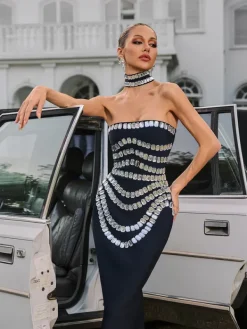 Dresses|Maxi Dresses*Bandage Vaelith Strapless Crystal Maxi Dress With Choker