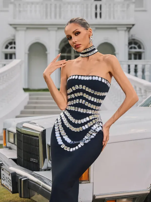 Dresses|Maxi Dresses*Bandage Vaelith Strapless Crystal Maxi Dress With Choker