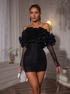 Dresses|Mini Dresses*Mew Mews Fashion Valerian Off Sleeve Ruched Mesh Mini Dress