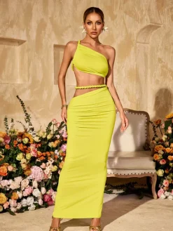 Sets & Co-ords*Mew Mews Fashion Valphyx Backless Cutout Ruched Skirt Set In Lime Yellow