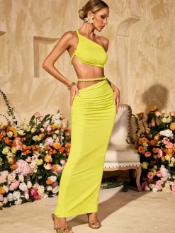 Sets & Co-ords*Mew Mews Fashion Valphyx Backless Cutout Ruched Skirt Set In Lime Yellow