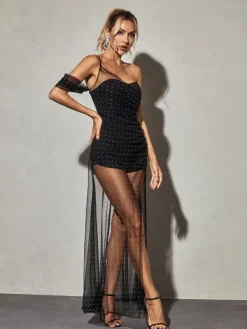 Dresses|Maxi Dresses*Mew Mews Fashion Vanita One Shoulder Mesh Maxi Dress In Black