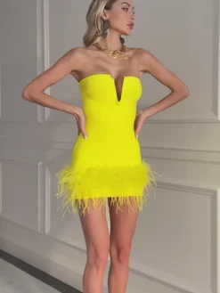 Dresses|Mini Dresses*Bandage Veer Strapless Feather Dress In Yellow