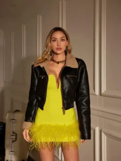Dresses|Mini Dresses*Bandage Veer Strapless Feather Dress In Yellow