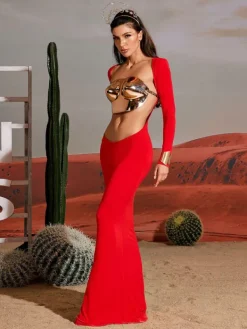 Armor Tops|Dresses*Mew Mews Fashion Vernon Long Sleeve Cutout Maxi Dress In Red