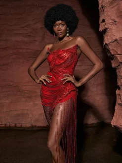 Embellishment|Dresses*Embellishment Verona Embellished Diamond Chain Dress In Red